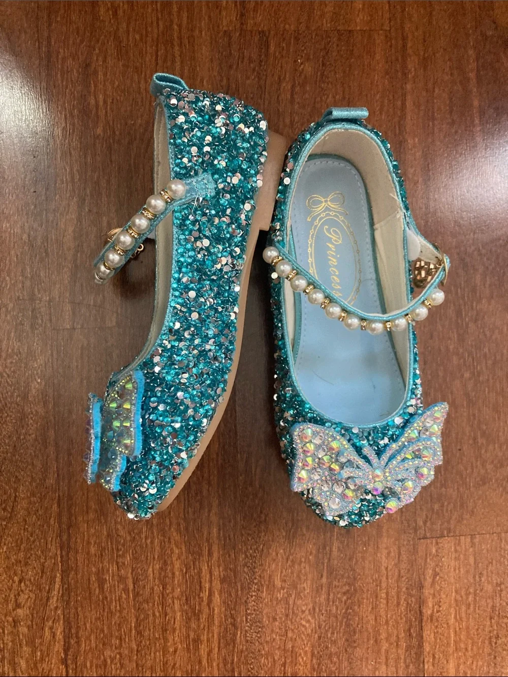 Princess Teal Glitter Butterfly Pearl-Strap Dress Shoes Sz 12